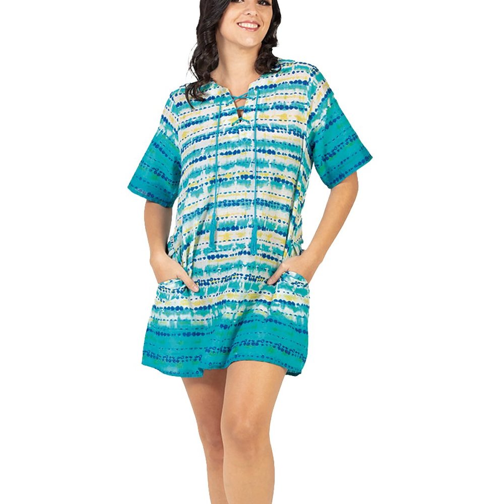 SunnyOceans Turquoise & Yellow Tie-Dye Stripe Notch Neck Cover-up/ NWT/ Med